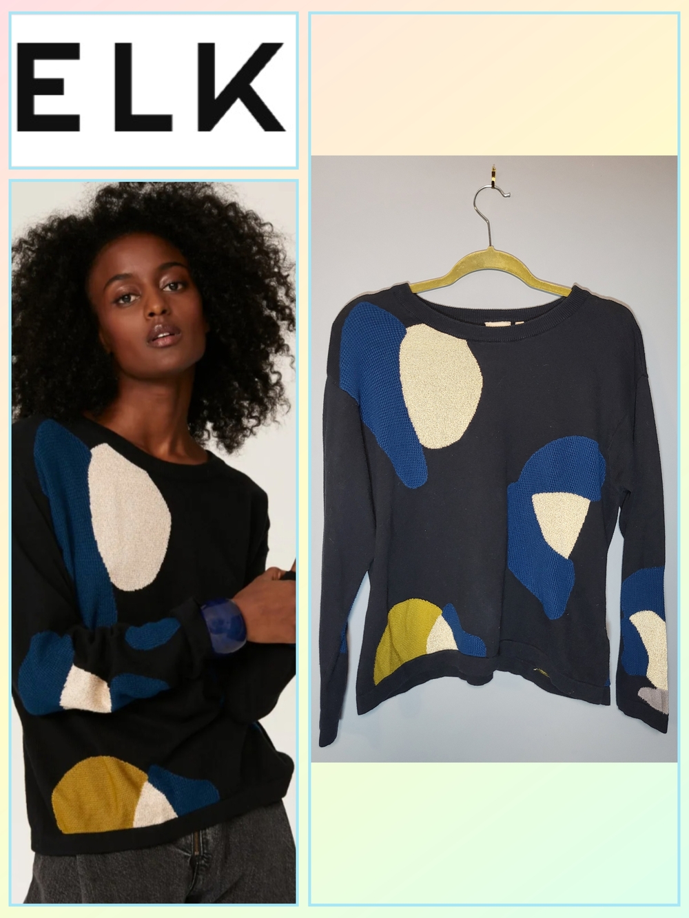 Elk Size 8 Poppy Sweater with Blue, Cream & Mustard Abstract Floral Design